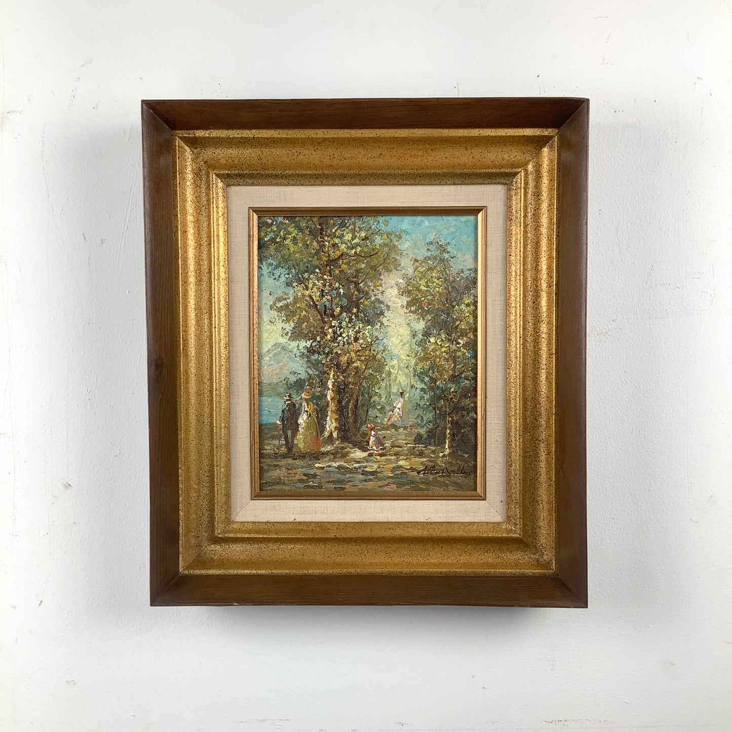 European Impressionist Revival Oil Painting with Figures, Signed and Framed
