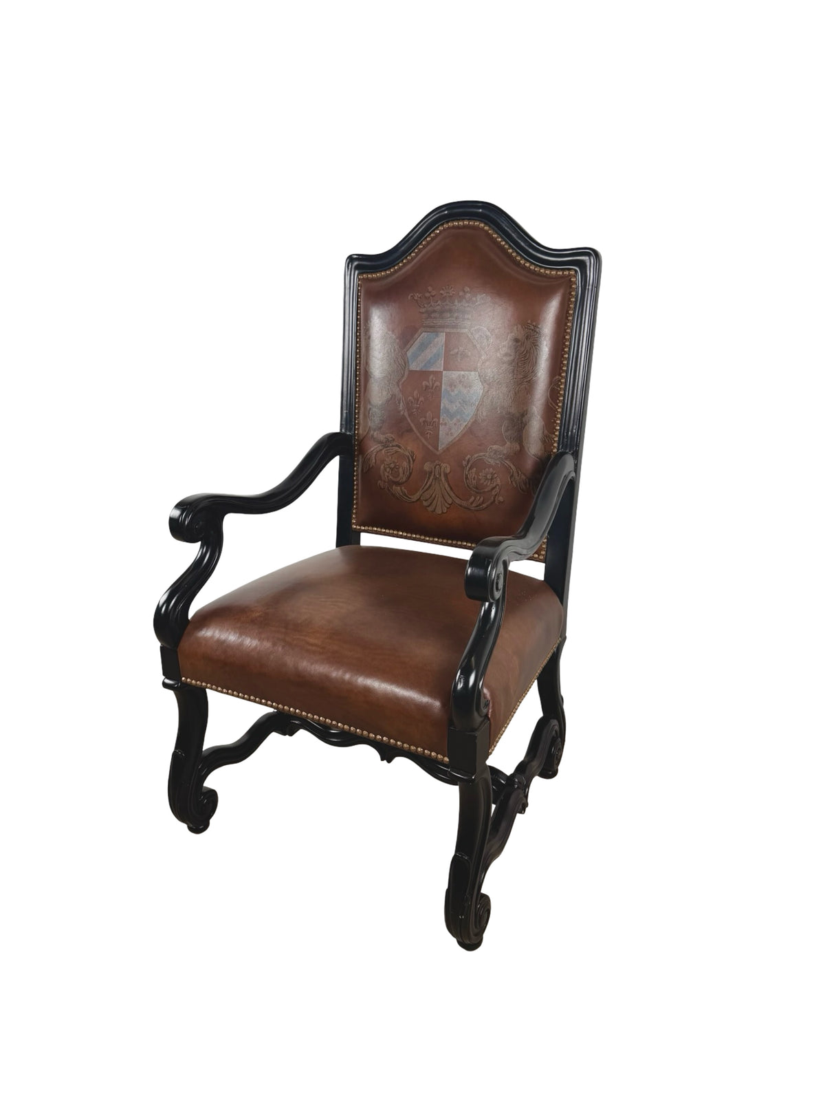 Ferguson Copeland Carved Wood & Leather Crest Armchair