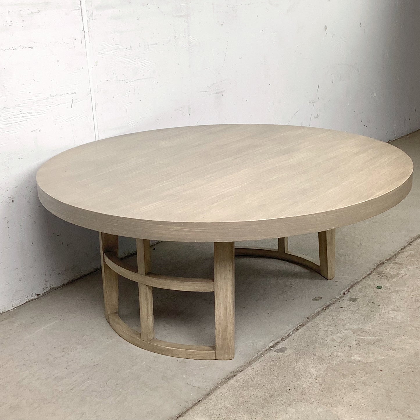 Vintage Round Low Coffee Table | Cerused Finish | Arch Form Base | Circular Stretcher