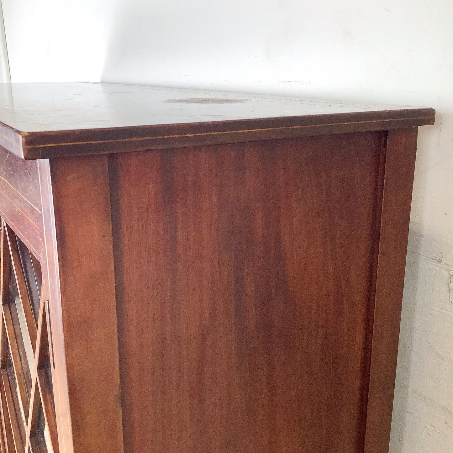 Edwardian Revival Mahogany Diamond Lattice Glazed Bookcase | Satinwood Inlay | Brass Casters