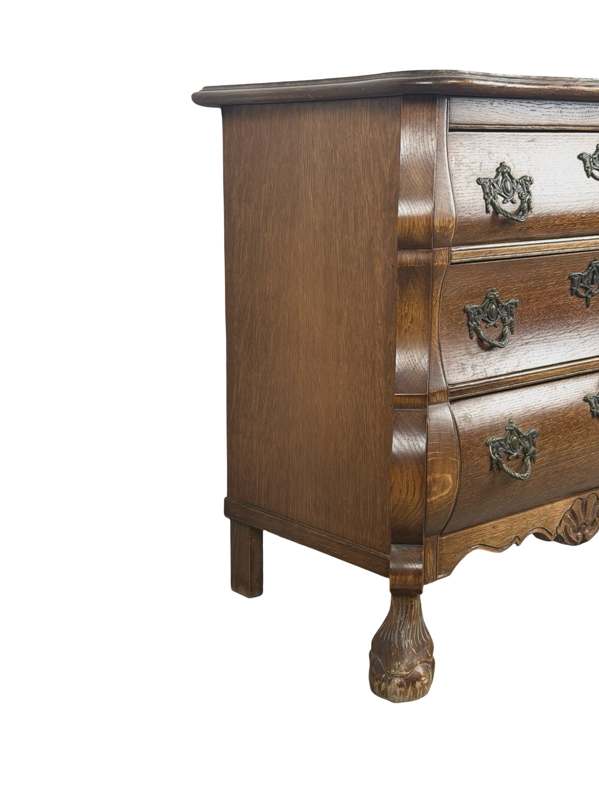 Vintage Dutch Baroque Revival Oak Bombé Three-Drawer Chest with Paw Feet