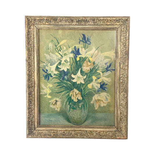 Vintage Floral Oil Painting with Bouquet and Ornamental Gilt Frame