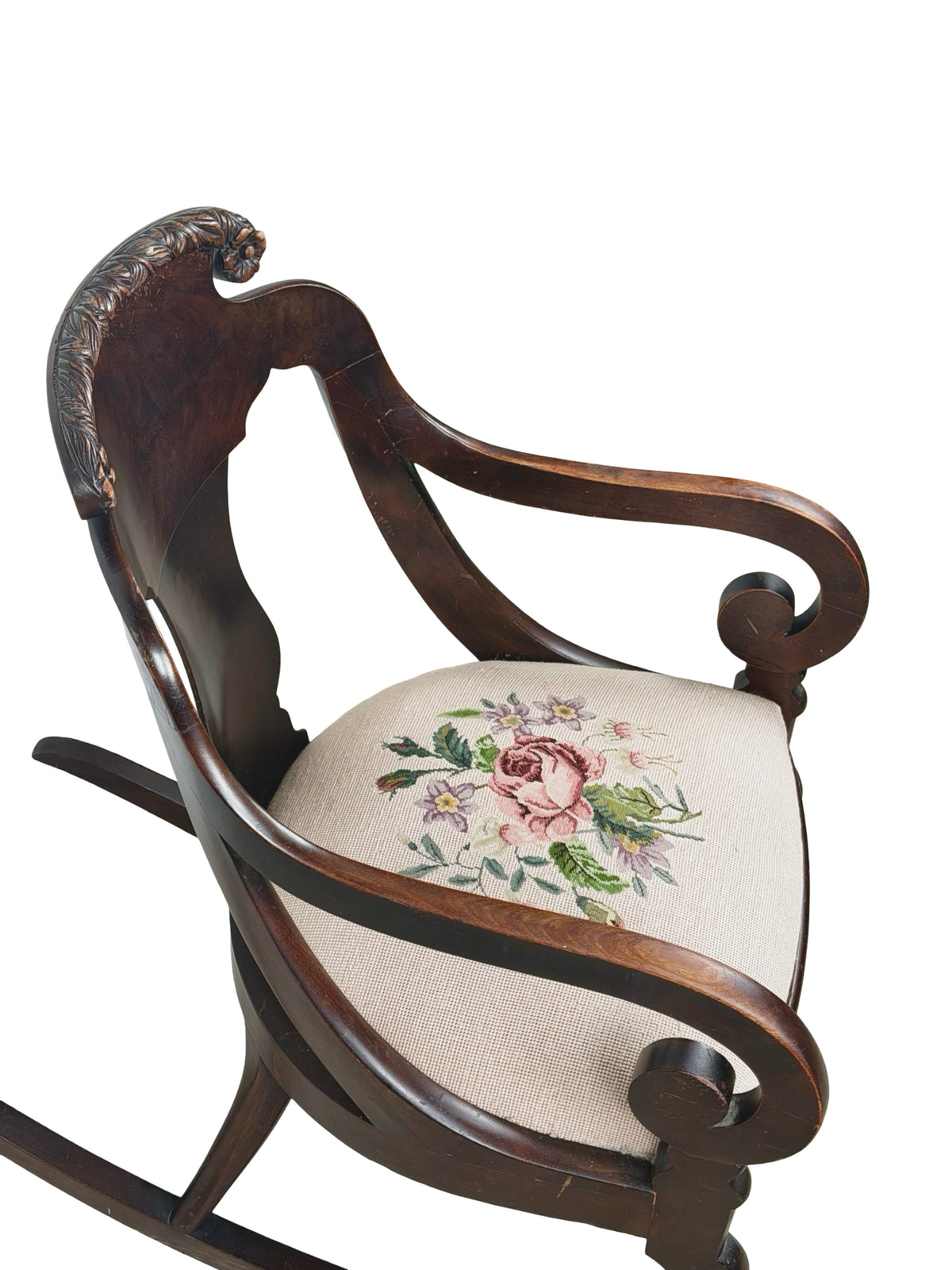 Antique American Classical Carved Wood Rocking Chair with Floral Needlepoint Seat