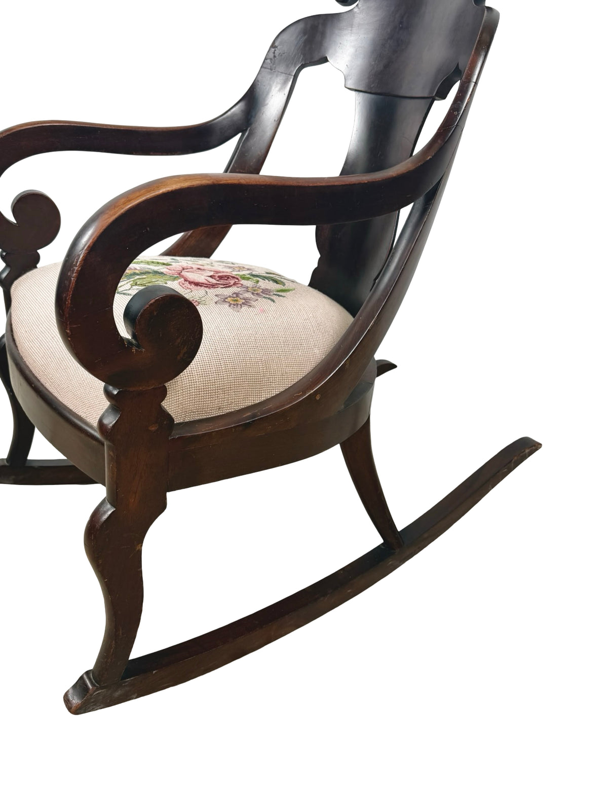 Antique American Classical Carved Wood Rocking Chair with Floral Needlepoint Seat