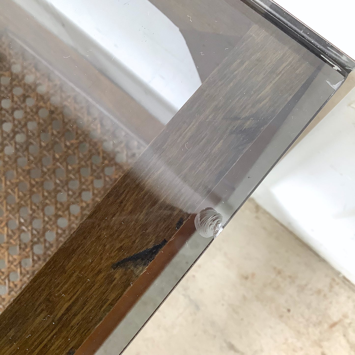 Lane Mid-Century End Table with Smoked Glass, Cane, and Wood Frame