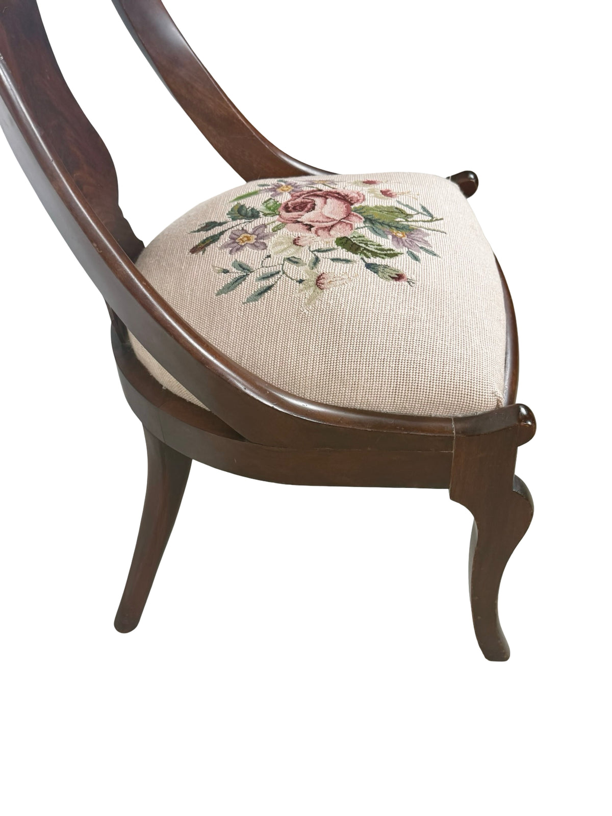Antique Federal Style Carved Wood Side Chair with Floral Needlepoint Seat