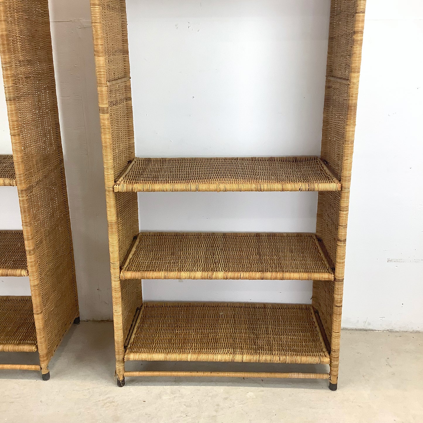 Pair Vintage Rattan Arched Bookcases