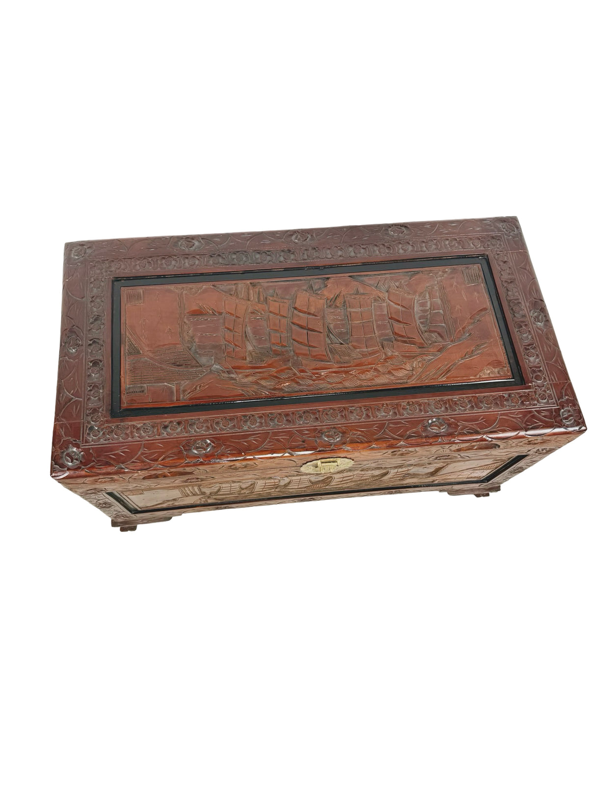 Vintage Asian Carved Wood Storage Chest with Figural Relief Carvings