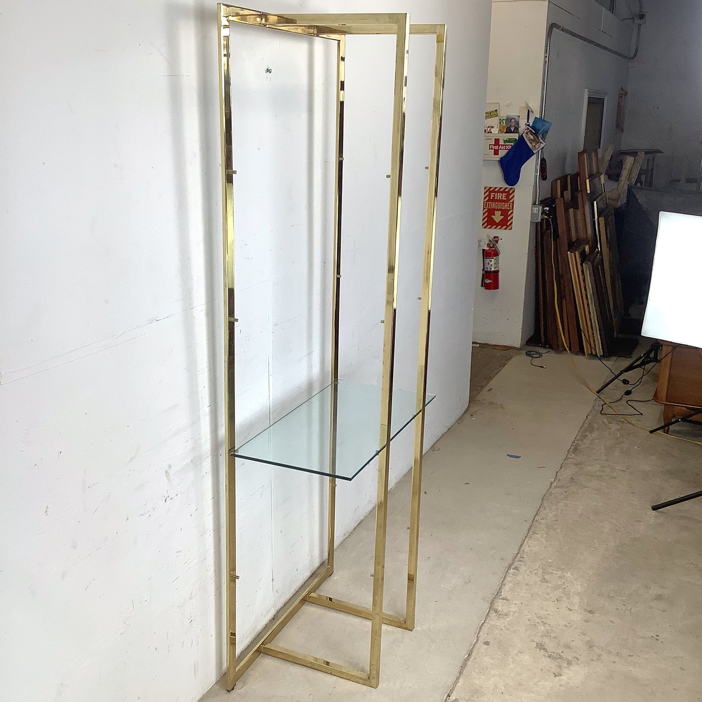 Architectural Brass and Glass Display Shelf, Vintage Modern