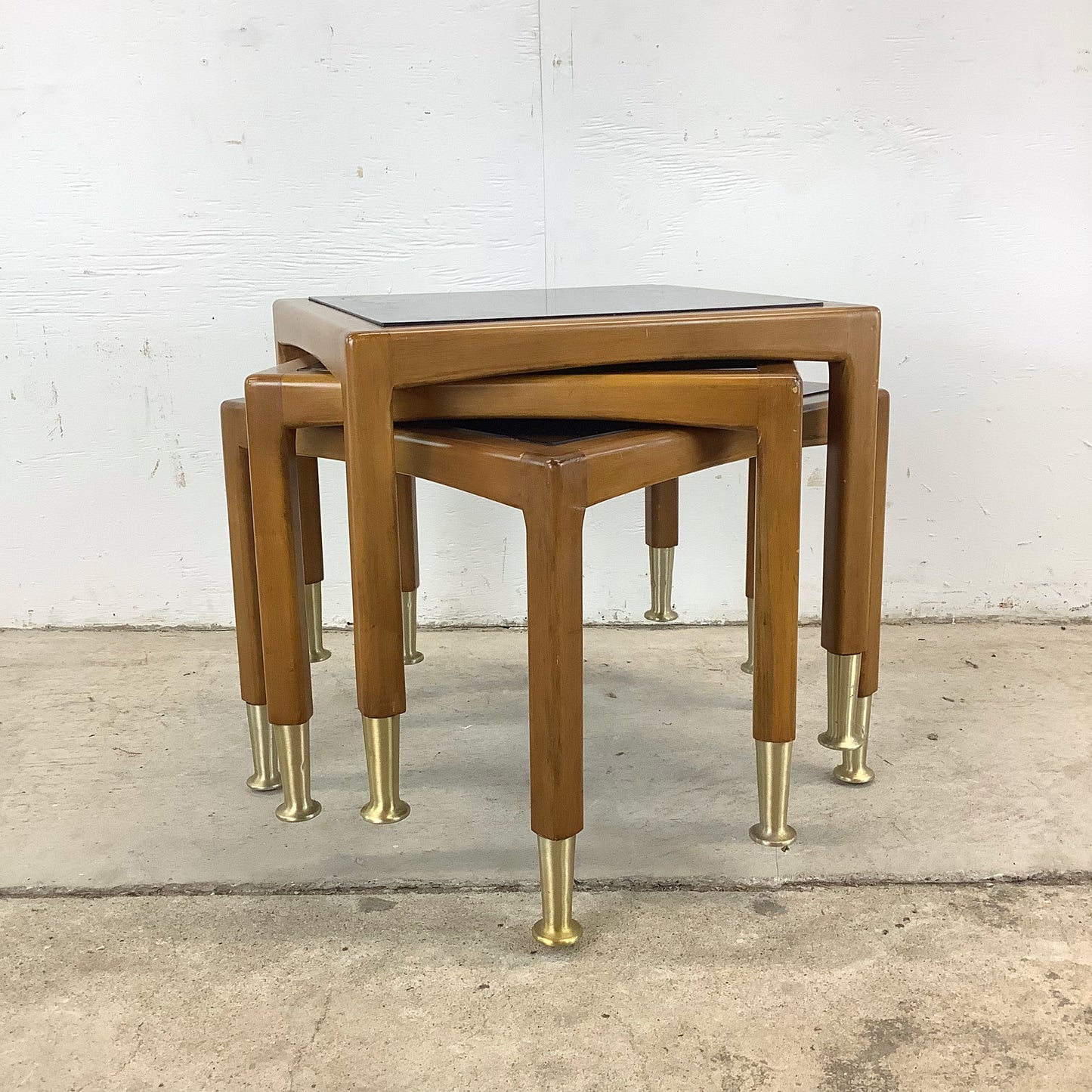 Mid-Century Modern Walnut Nesting Tables with Black Tops