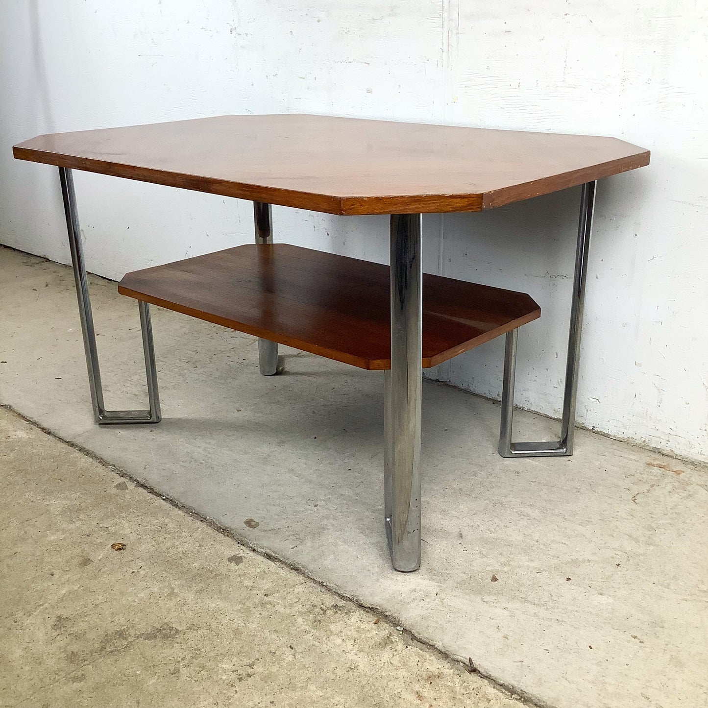 Vintage Modern Coffee Table with Bookmatched Veneer Top and Chrome Base