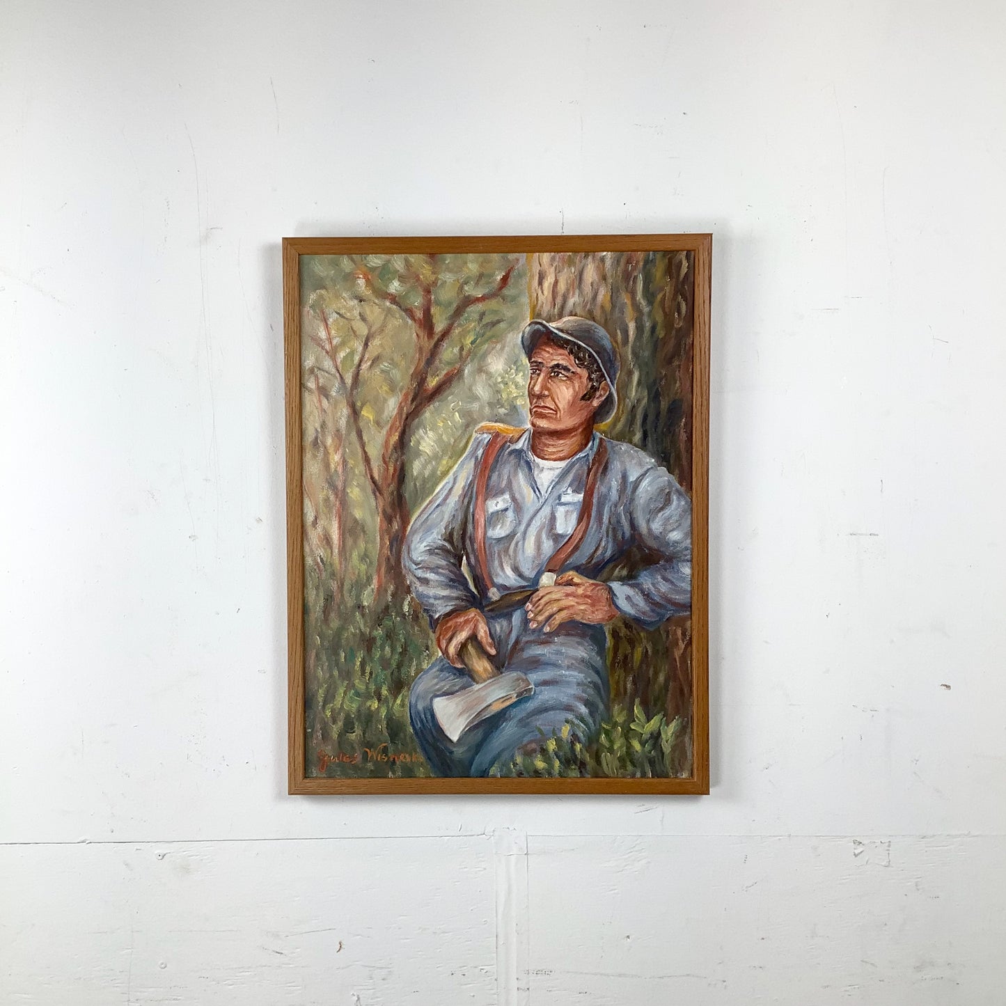 Mid-Century Figurative Oil Painting of Seated Woodsman — Jules Wisneski