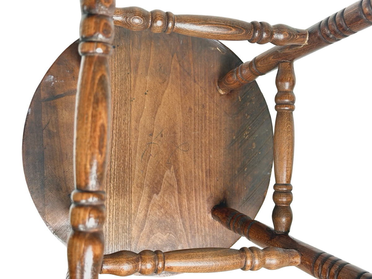 Antique Country Turned-Leg Round Wooden Stool, Primitive Farmhouse