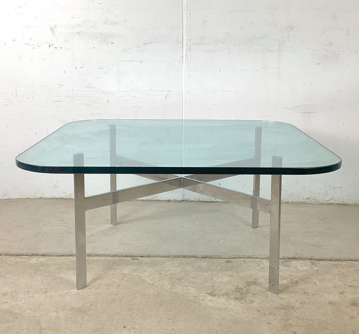 Vintage Barcelona-Style Coffee Table | Brushed Chrome X-Base | Thick Glass | 36" Square | c. 1970s–1980s