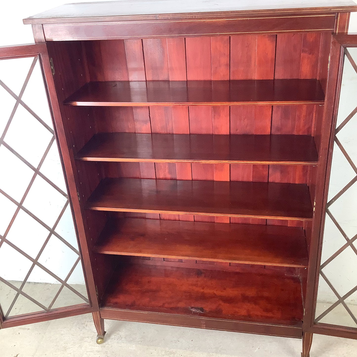 Edwardian Revival Mahogany Diamond Lattice Glazed Bookcase | Satinwood Inlay | Brass Casters