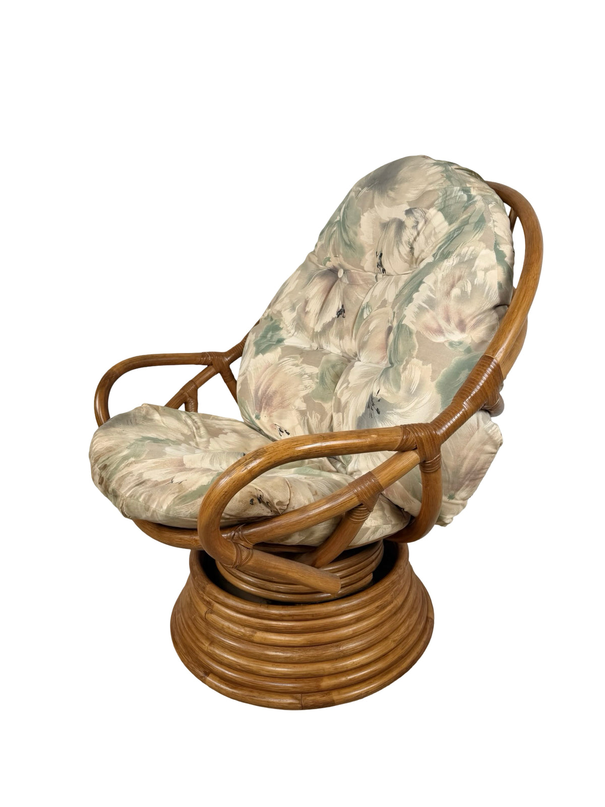 Vintage Rattan Swivel Rocker Lounge Chair with Floral Cushions