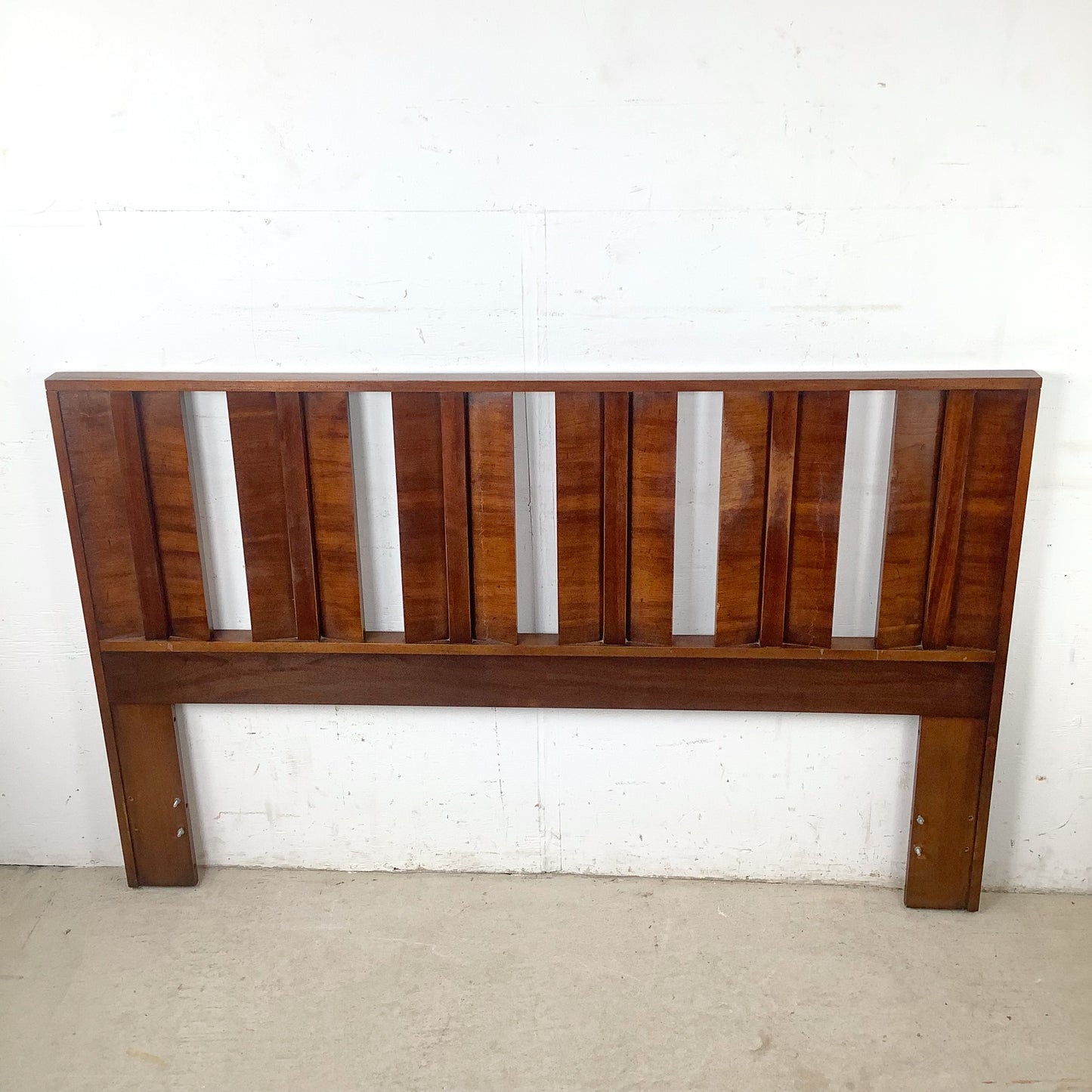 Vintage Mid-Century Modern Walnut Queen Headboard with Architectural Vertical Slat Design