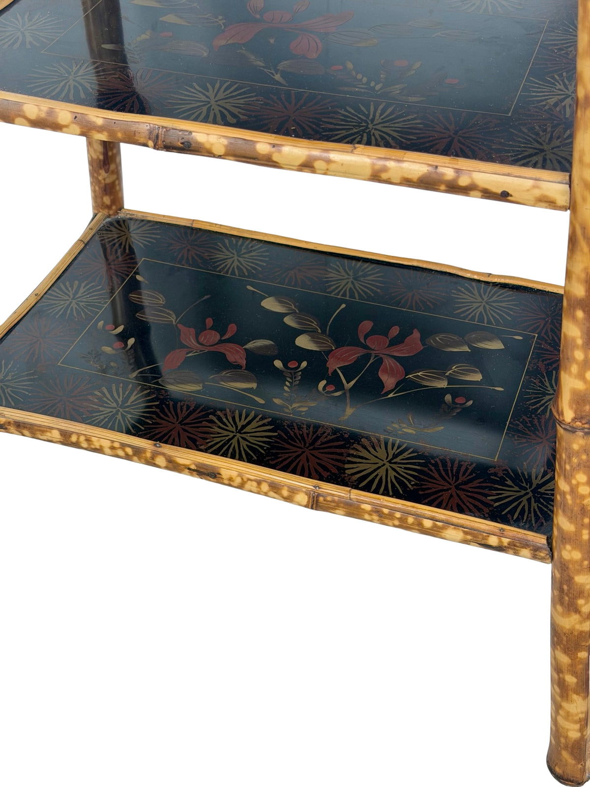 Antique Victorian Aesthetic Movement Tiger Bamboo Three-Tier Side Table with Floral Shelves