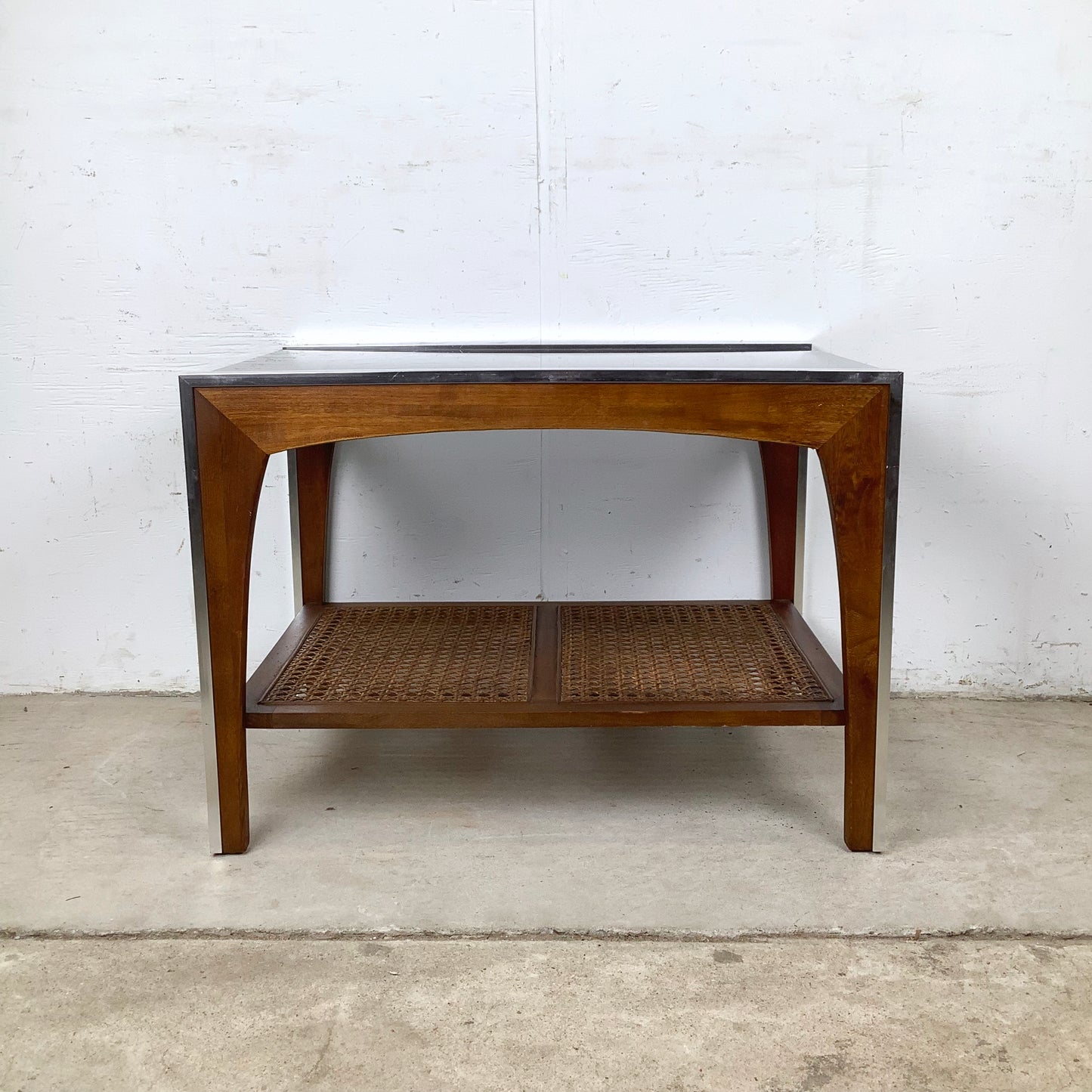 Lane Mid-Century End Table with Smoked Glass, Cane, and Wood Frame