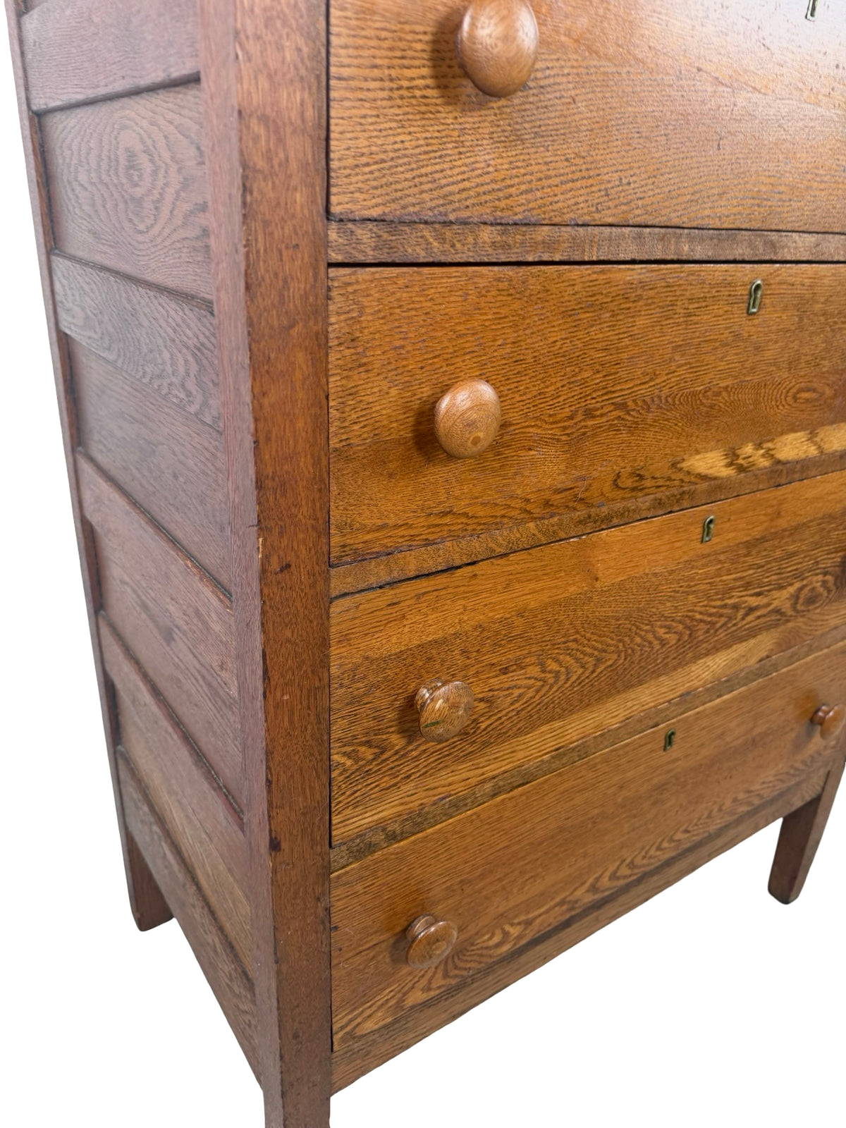 Antique Early 1900s Oak Five-Drawer Tall Chest of Drawers