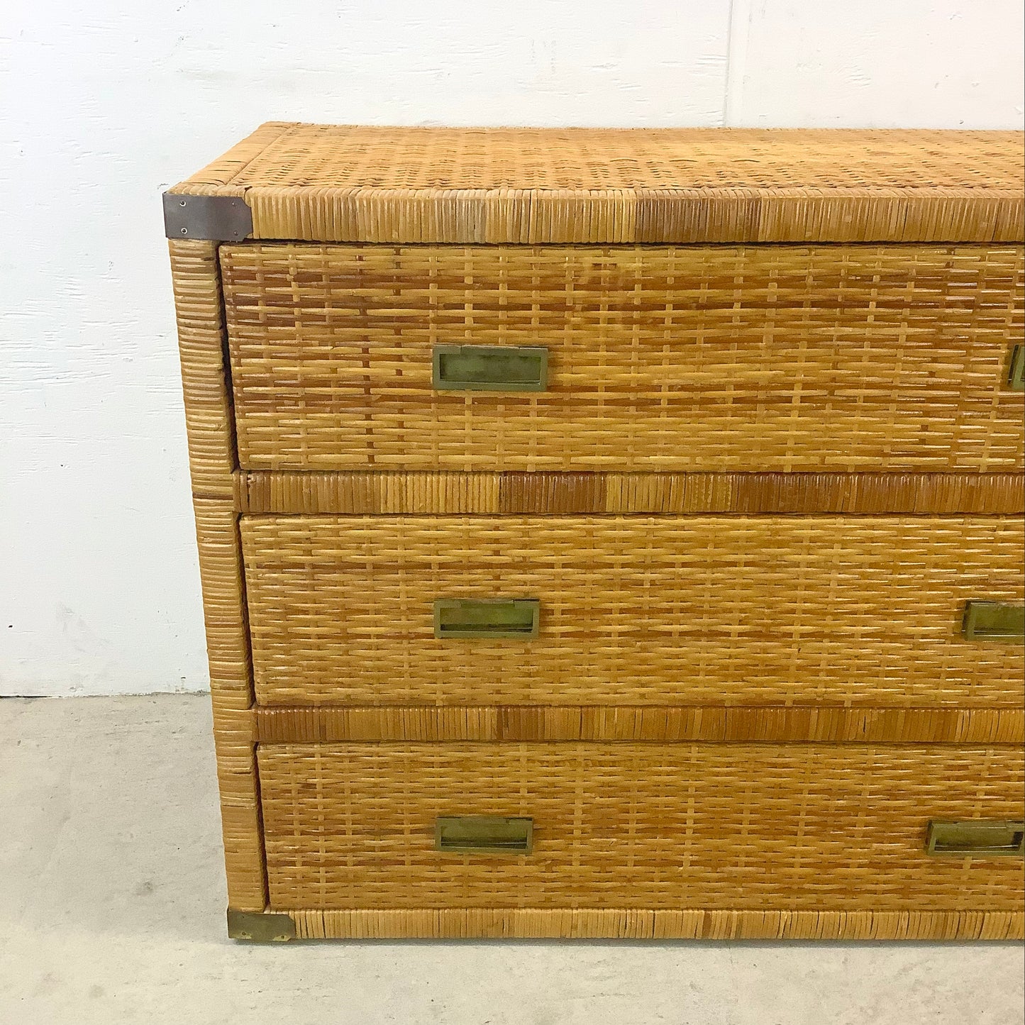 Vintage Three Drawer Wicker Campaign Chest and Mirror