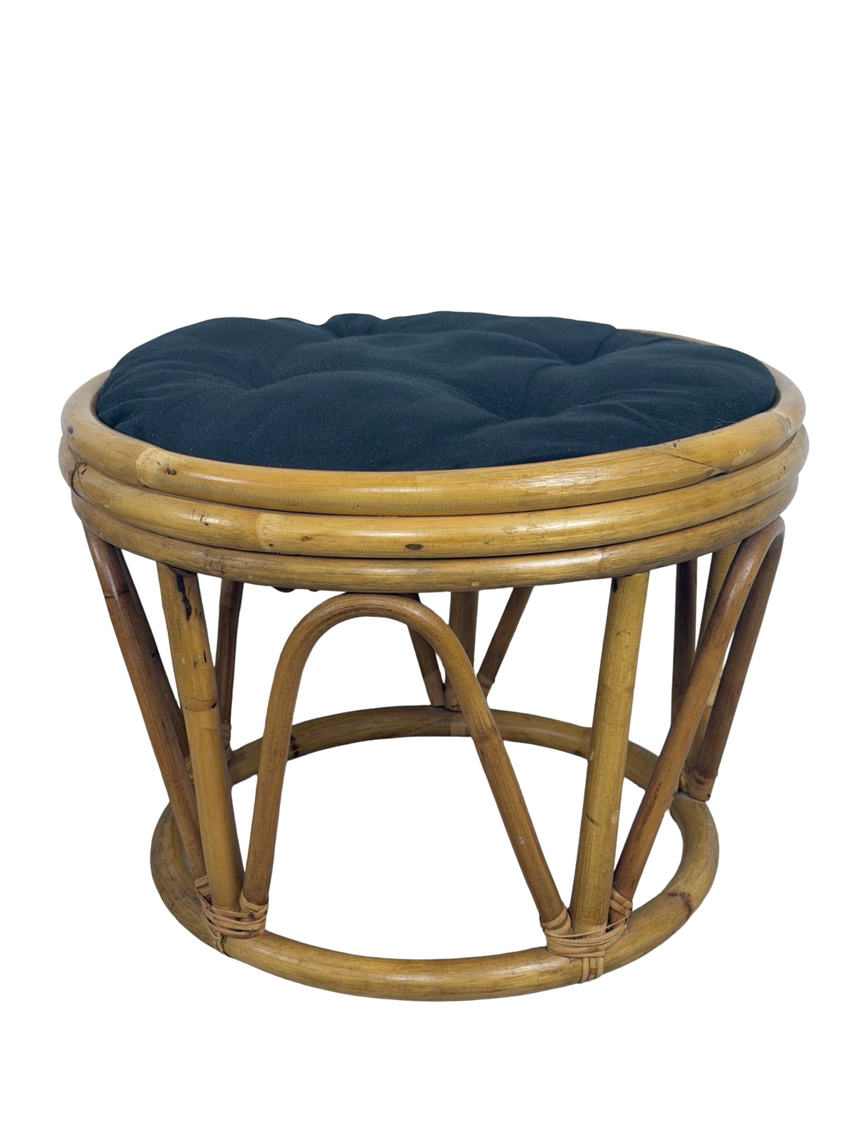 Pair of Vintage Rattan Bamboo Round Ottoman Footstools with Black Cushions, 1970s