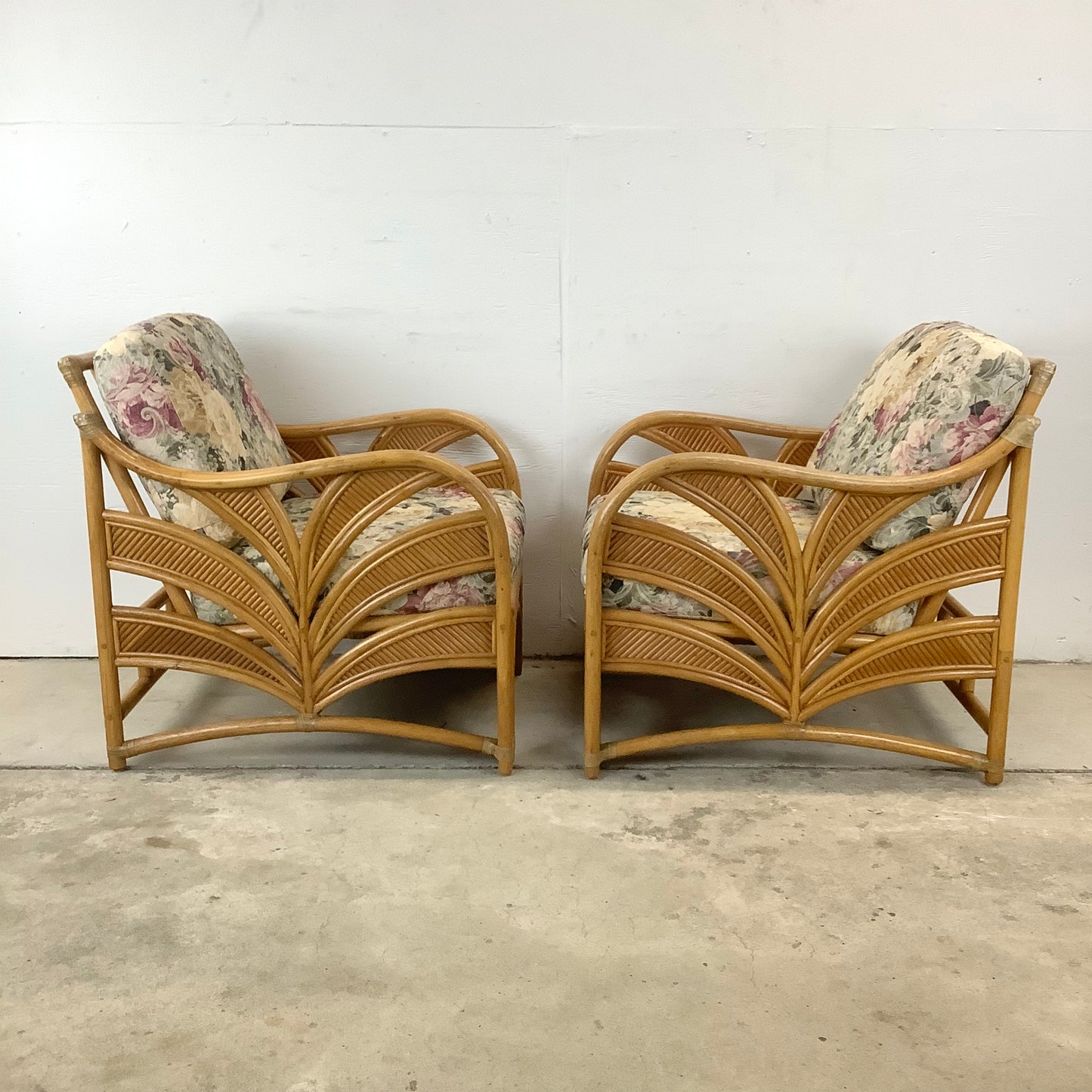 Pair Vintage Coastal Rattan Lounge Chairs