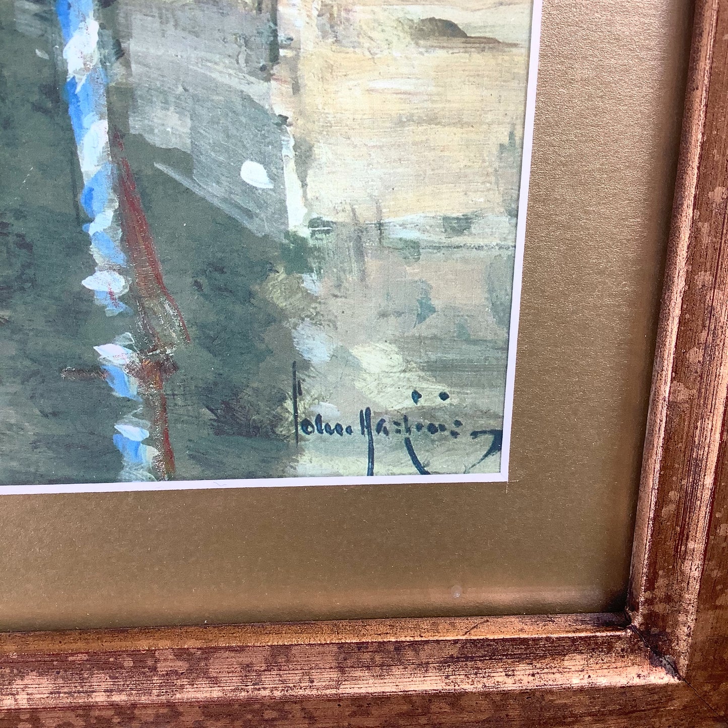 European Grand Tour Canal Scene, Decorative Print in Carved Gilt Frame