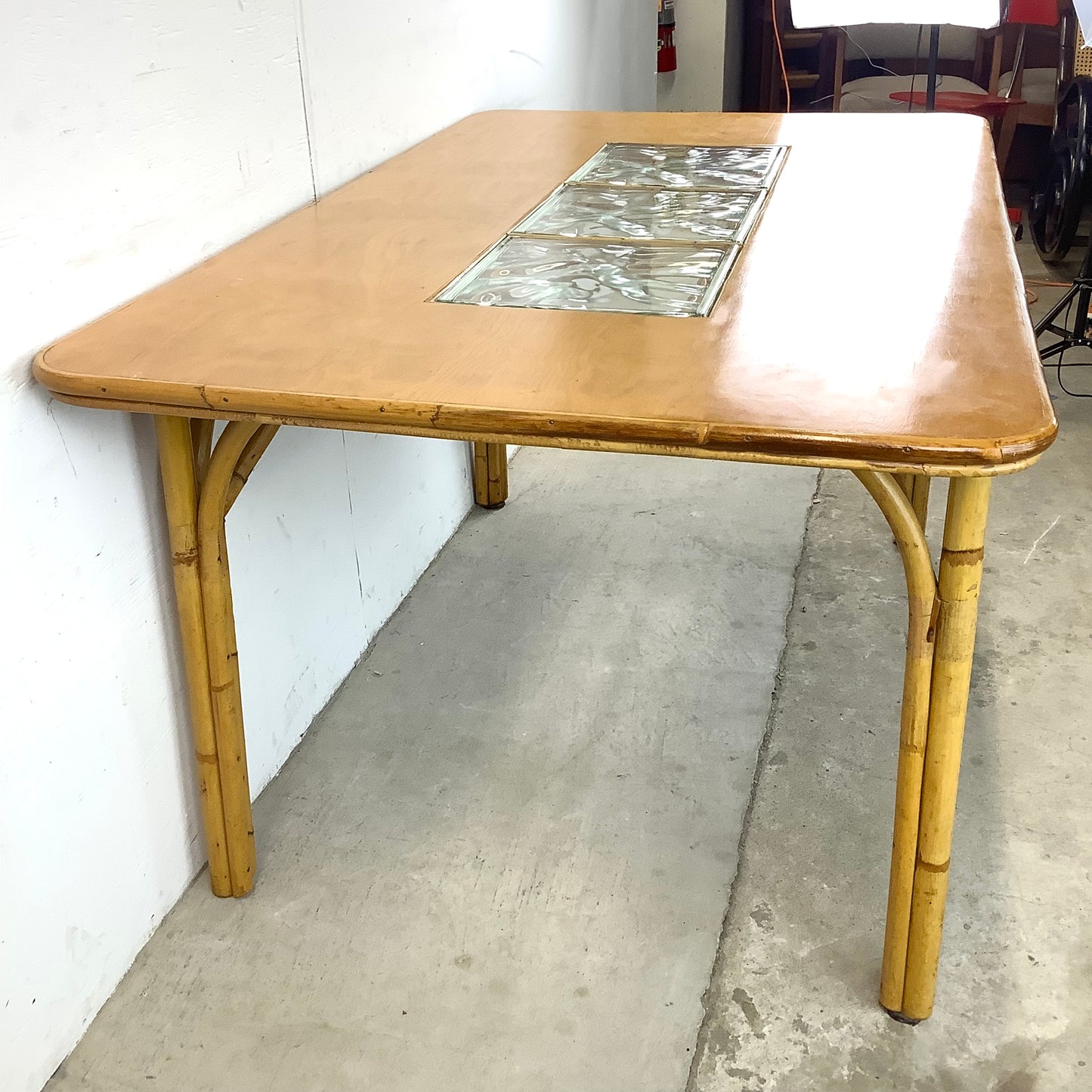 Vintage Bamboo Dining Table With Glass Inserts