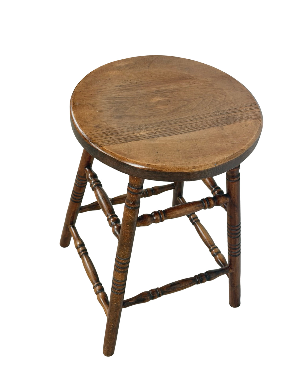 Antique Country Turned-Leg Round Wooden Stool, Primitive Farmhouse