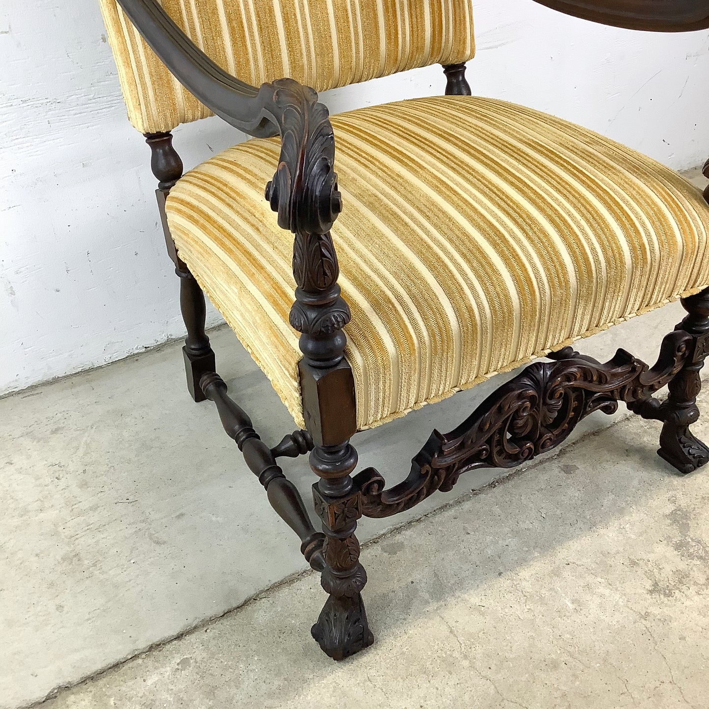 Grand Louis XIV-Style Throne Chair with Striped Fabric