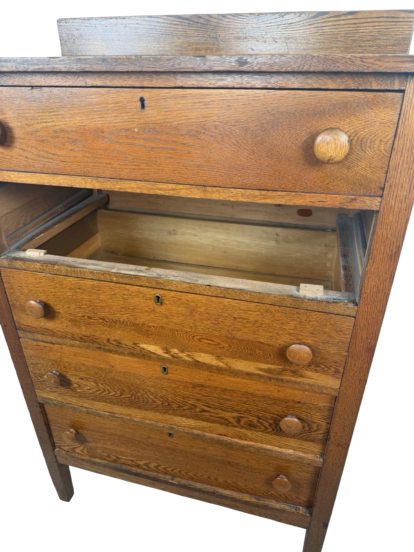 Antique Early 1900s Oak Five-Drawer Tall Chest of Drawers
