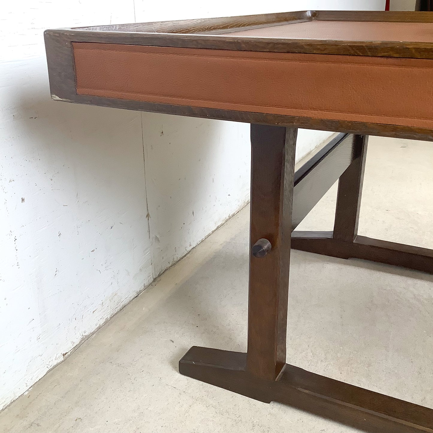 Vintage Studio-Made Square End Table, Leather Top, Architectural Trestle Base, Mid-Century