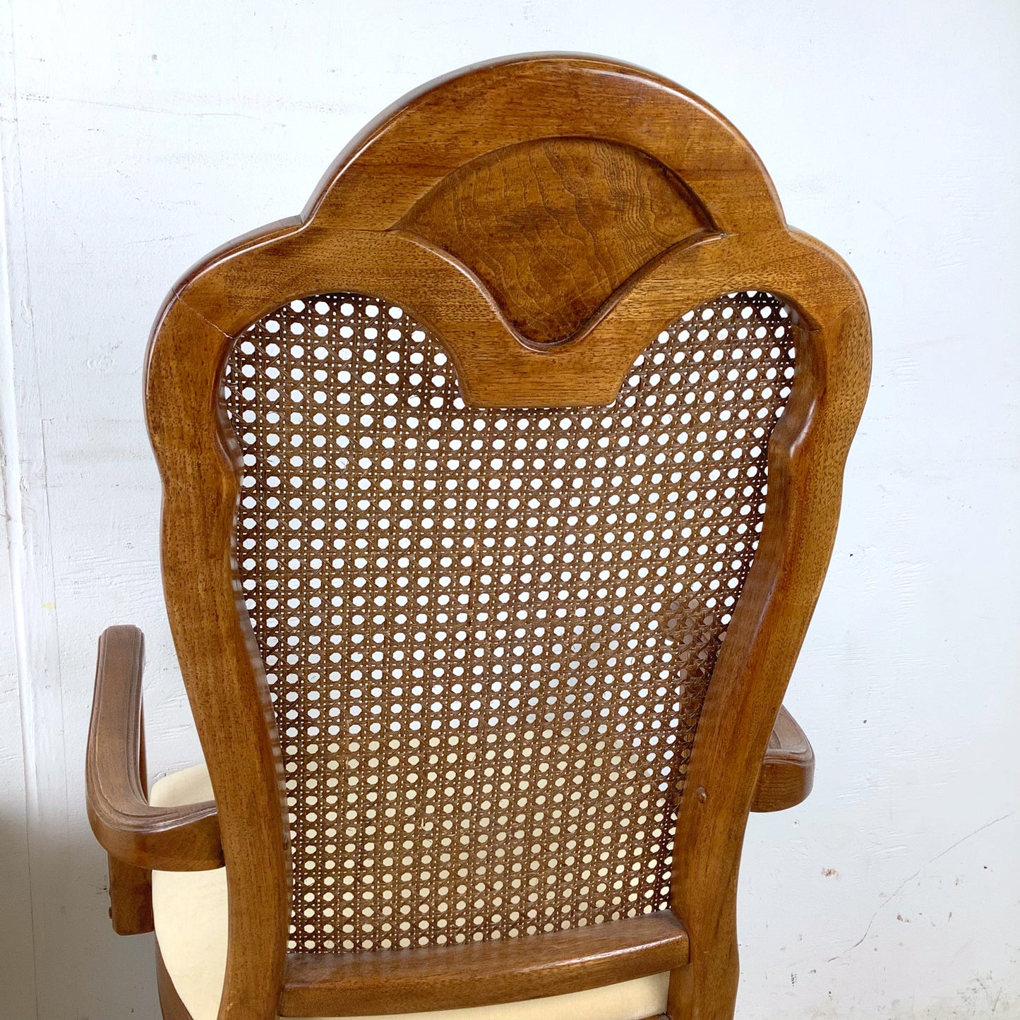 Pair of Vintage Provincial High-Back Cane Armchairs — Walnut, Burlwood Crest, 1970s