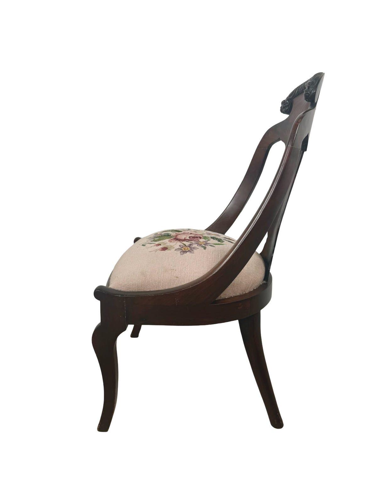 Antique Federal Style Carved Wood Side Chair with Floral Needlepoint Seat