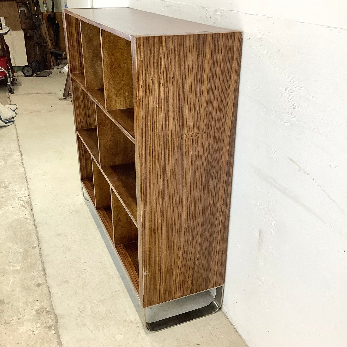 Modern Zebrawood Cube Shelf with Chrome Sled Base