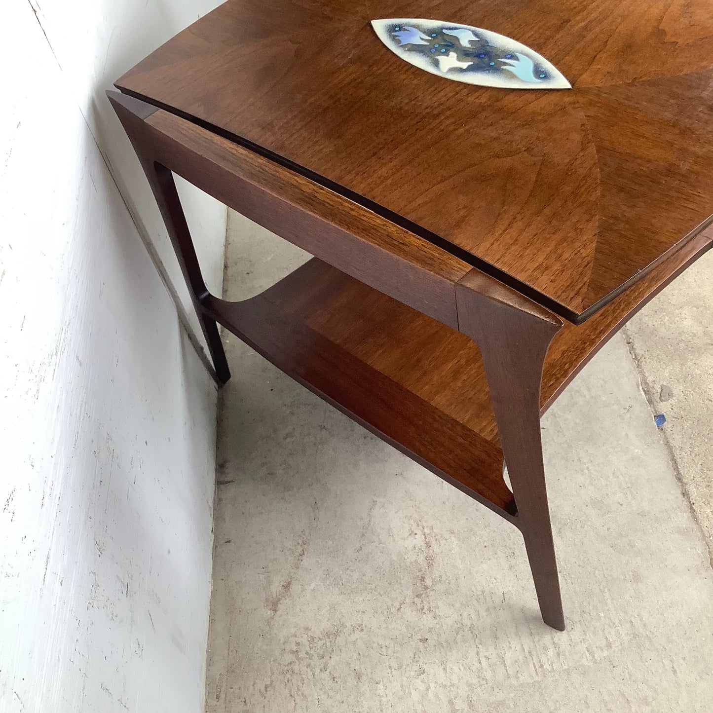 John Stuart Inc. Walnut Two-Tier End Table | Enamel Inlay | Splayed Legs | 1960s