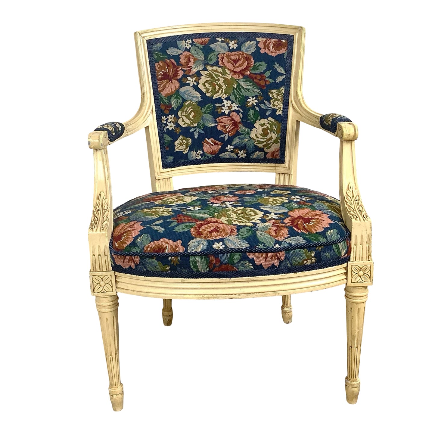 Vintage Louis XVI Style Painted Fauteuil | French Provincial Armchair  This painted fauteuil captures the timeless elegance of