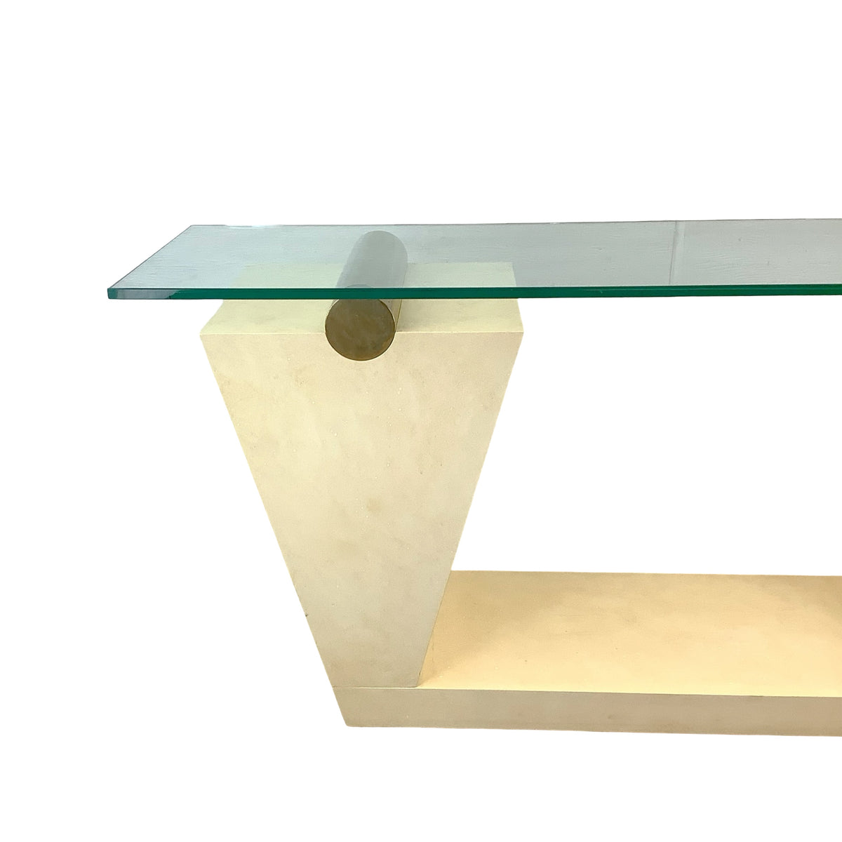 Vintage Modern Parchment-Style Console Table with Glass Top and Brass Accents