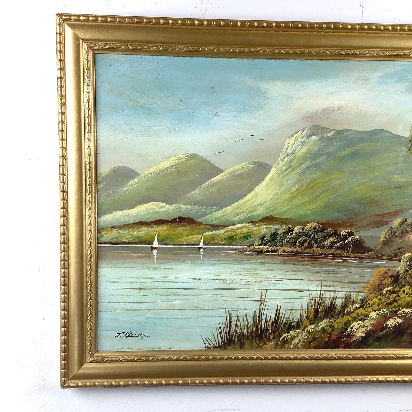 Antique Scottish Highland Loch Oil Painting | Signed J. Kellog | Original Gilt Frame
