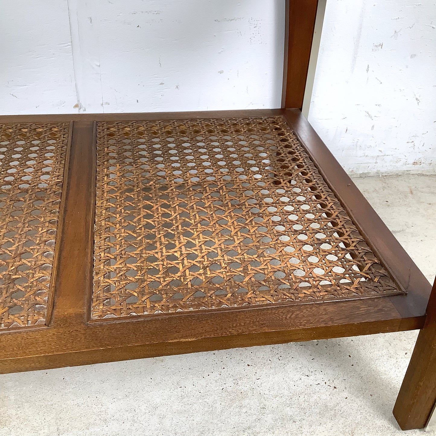 Lane Mid-Century End Table with Smoked Glass, Cane, and Wood Frame