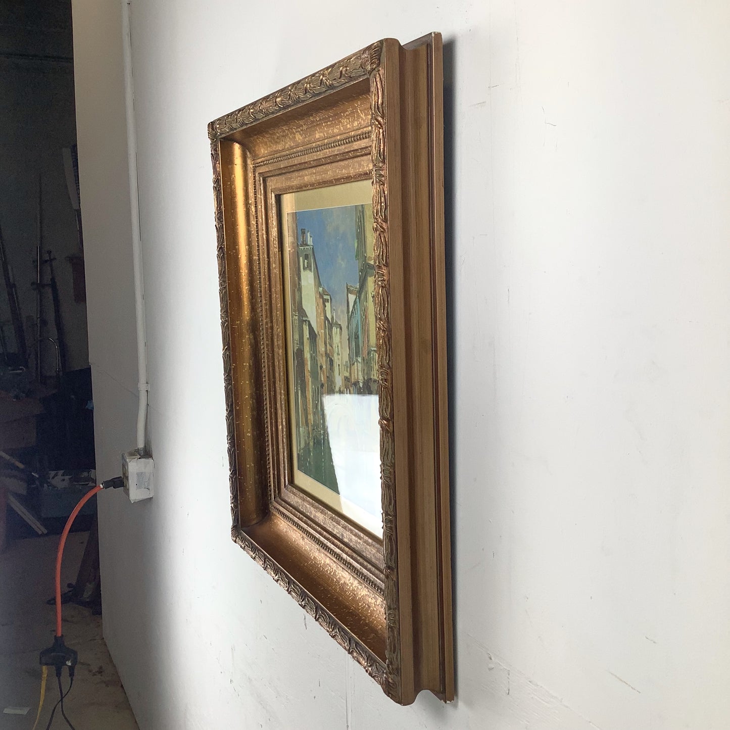 European Grand Tour Canal Scene, Decorative Print in Carved Gilt Frame