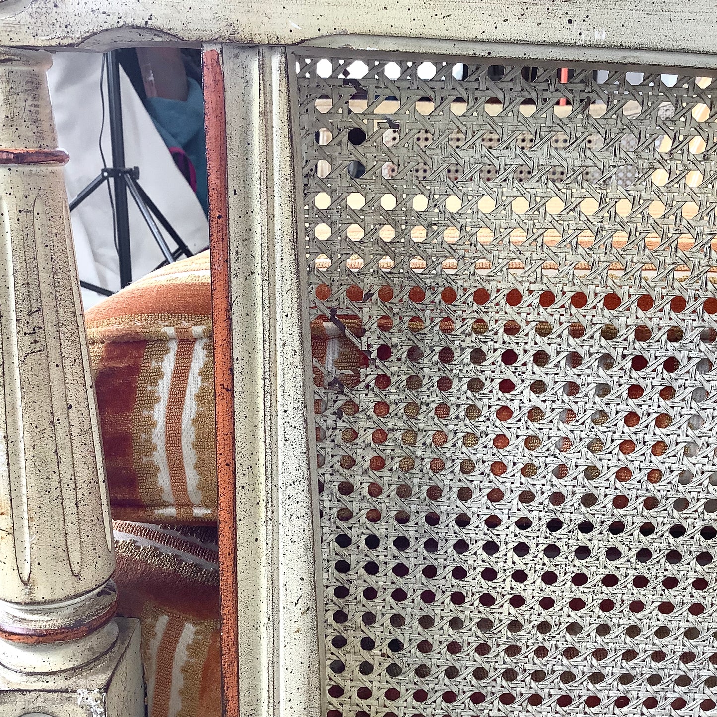 French Louis XVI Style Cane Settee With Elegant Striped Upholstery