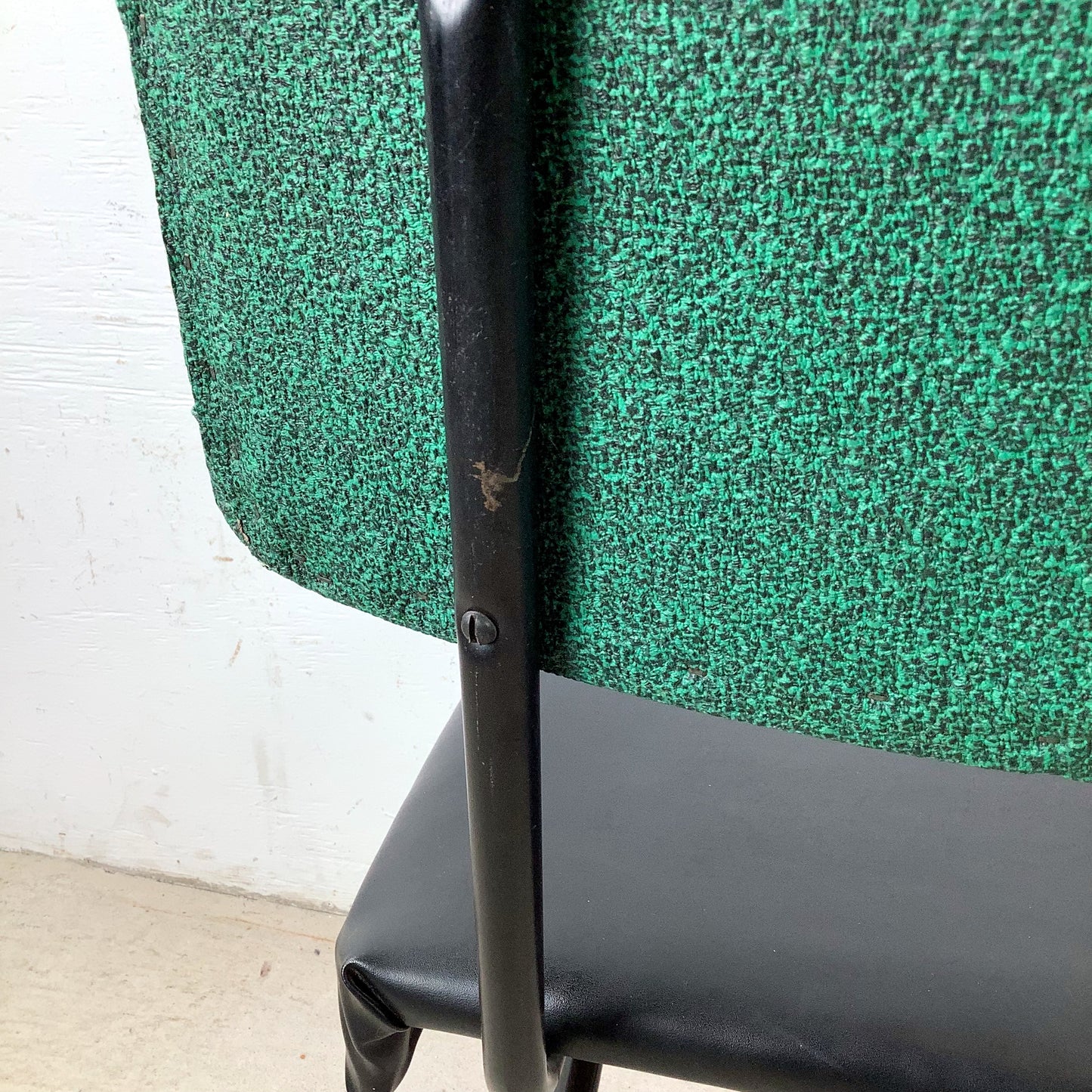 Vintage Mid-Century Modern Iron Rod Side Chair | Forest Green Tweed Back | Black Vinyl Seat | Paul McCobb / Arbuck Manner | c. 1950s