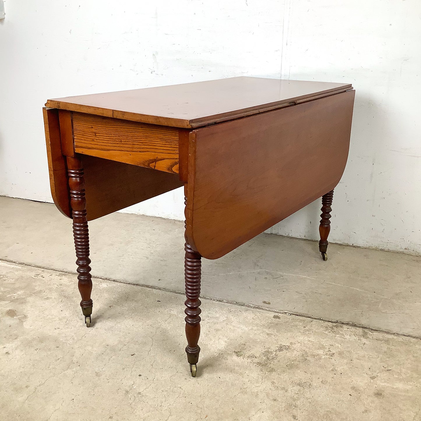 Antique American Drop-Leaf Table | Victorian Spool-Turned Legs | Original Brass Casters | Hardwood Top