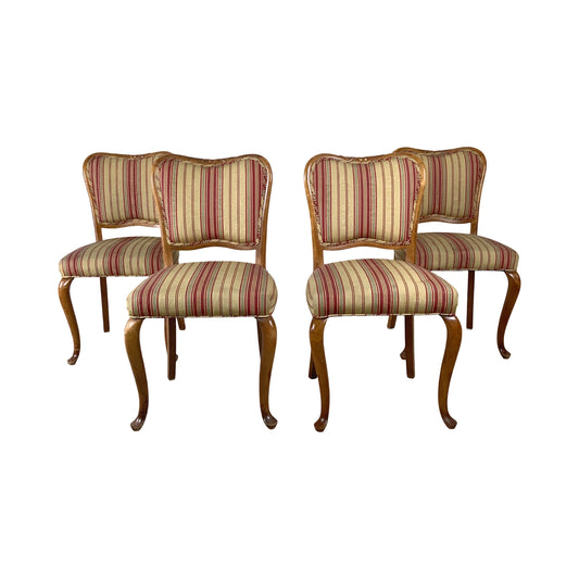 Queen Anne Dining Side Chairs — Set of Four | Walnut Cabriole Legs | Burgundy Stripe Upholstery