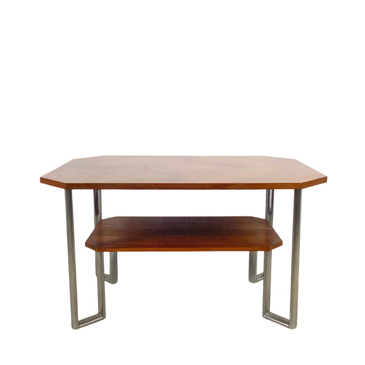 Vintage Modern Coffee Table with Bookmatched Veneer Top and Chrome Base