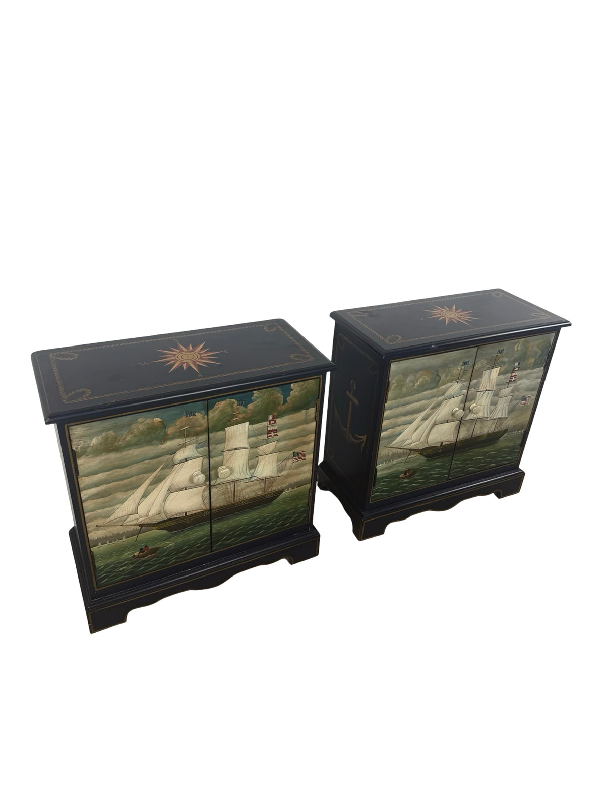 Pair of Hand-Painted Nautical Cabinets — Clipper Ship & Compass Rose Design