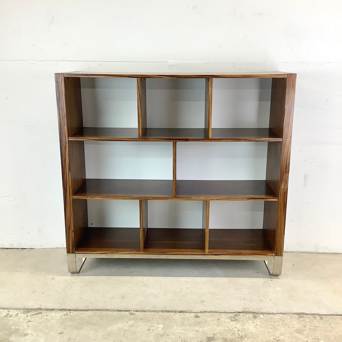 Modern Zebrawood Cube Shelf with Chrome Sled Base