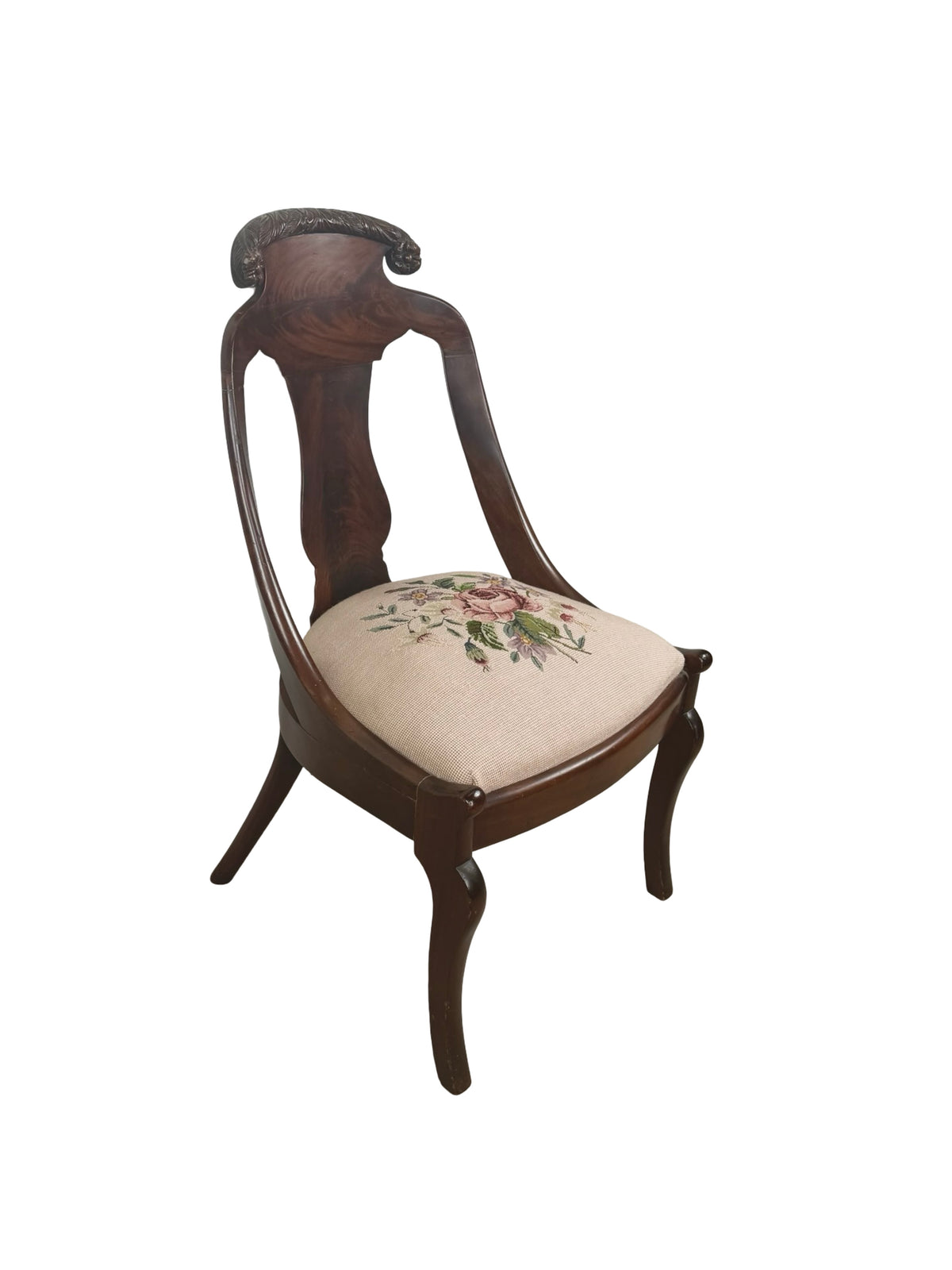 Antique Federal Style Carved Wood Side Chair with Floral Needlepoint Seat